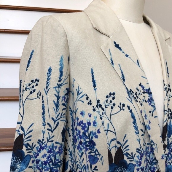 Norm Thompson Blazer Womens Large Blue Linen Floral Watercolor Blend One Button - Picture 11 of 15